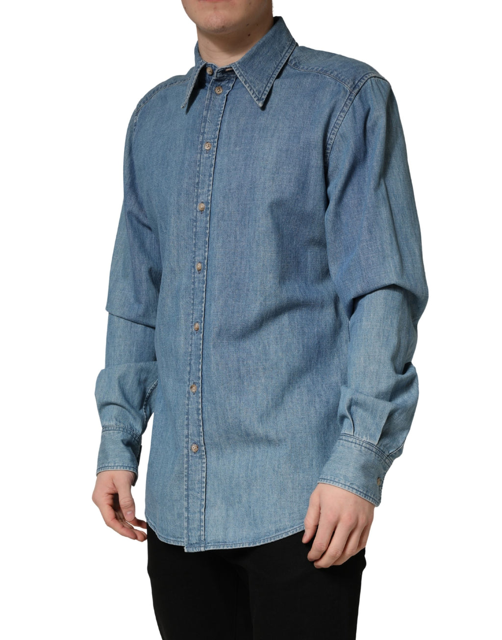 Blue Cotton Stretch Casual Denim Slim Shirt