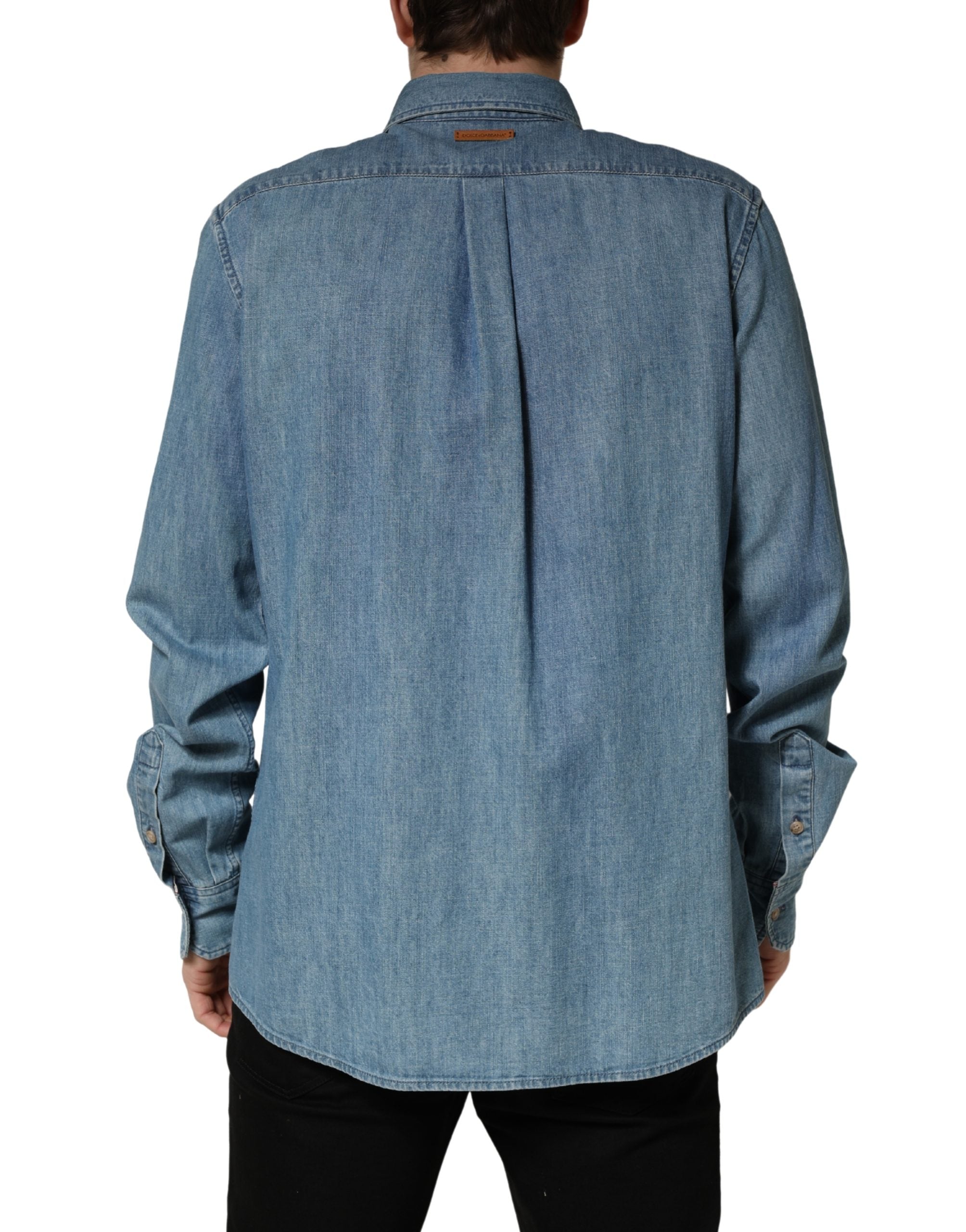 Blue Cotton Stretch Casual Denim Slim Shirt