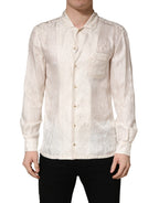 White Silk Long Sleeve Tonal Logo Print Shirt