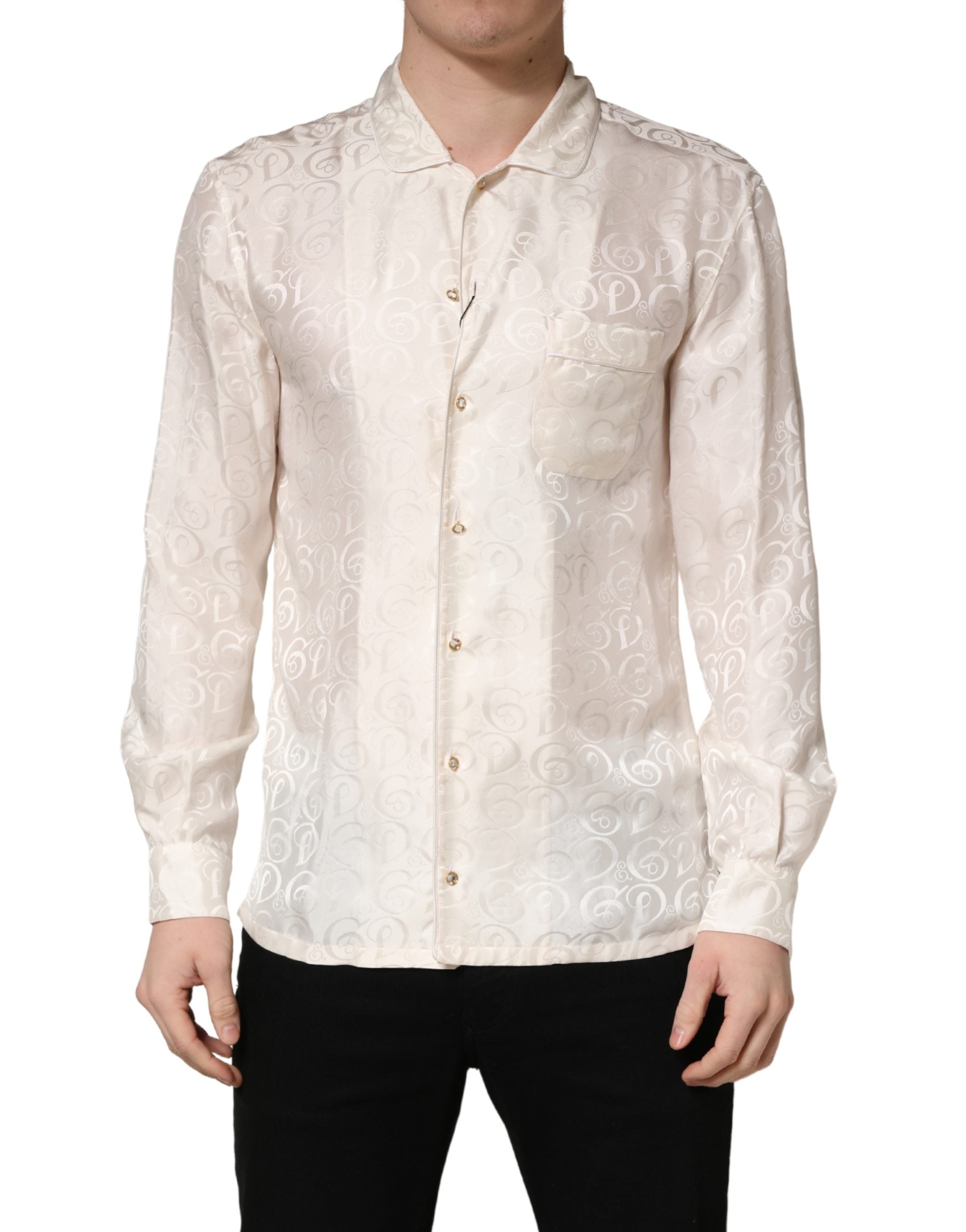 White Silk Long Sleeve Tonal Logo Print Shirt