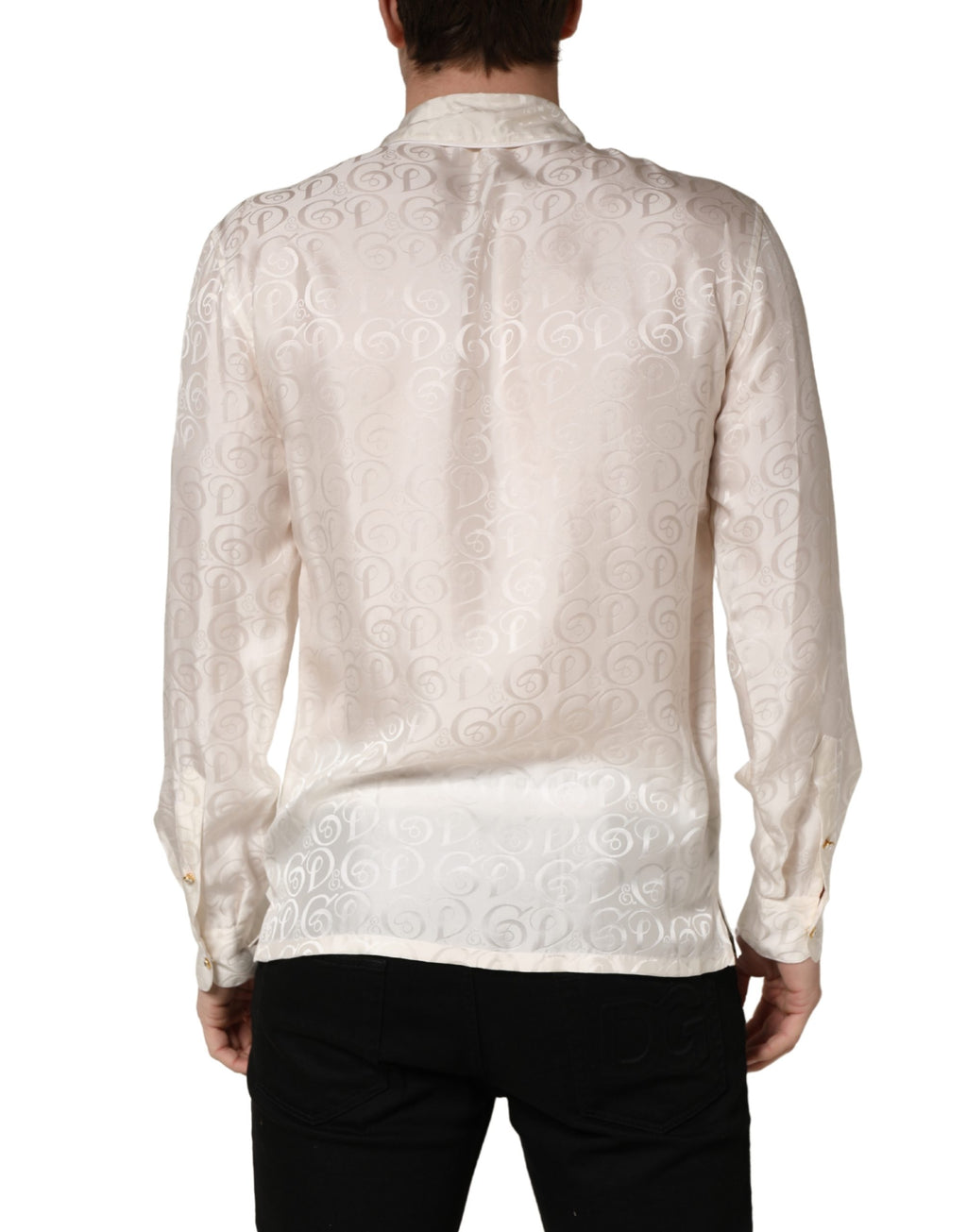 White Silk Long Sleeve Tonal Logo Print Shirt