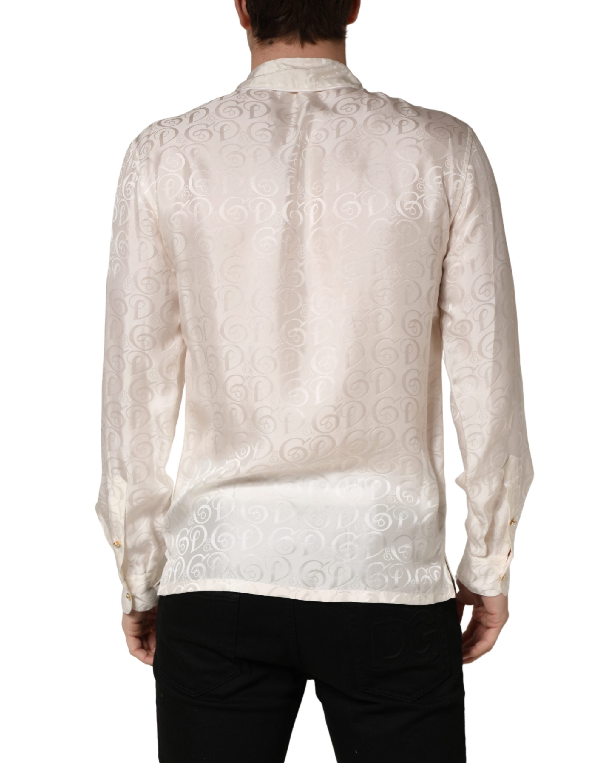 White Silk Long Sleeve Tonal Logo Print Shirt