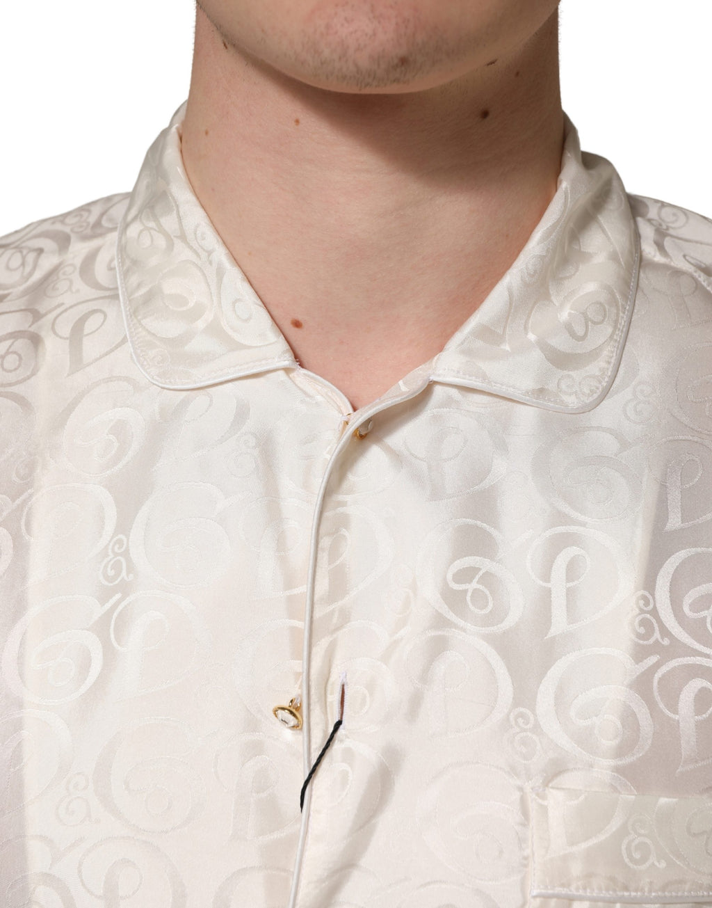 White Silk Long Sleeve Tonal Logo Print Shirt