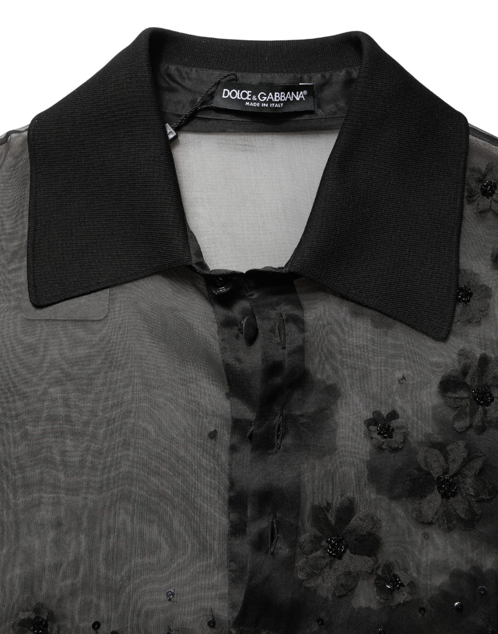 Black Floral Applique Sheer Short Sleeve Shirt