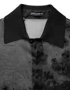 Black Floral Applique Sheer Short Sleeve Shirt