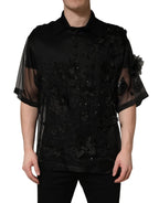 Black Floral Applique Sheer Short Sleeve Shirt