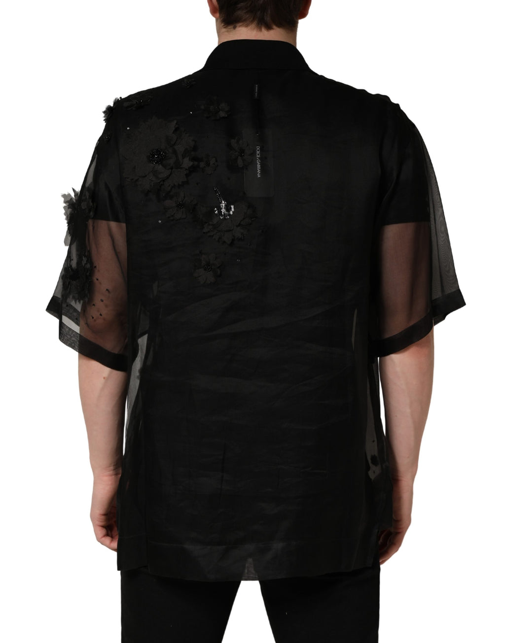 Black Floral Applique Sheer Short Sleeve Shirt