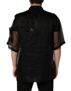 Black Floral Applique Sheer Short Sleeve Shirt
