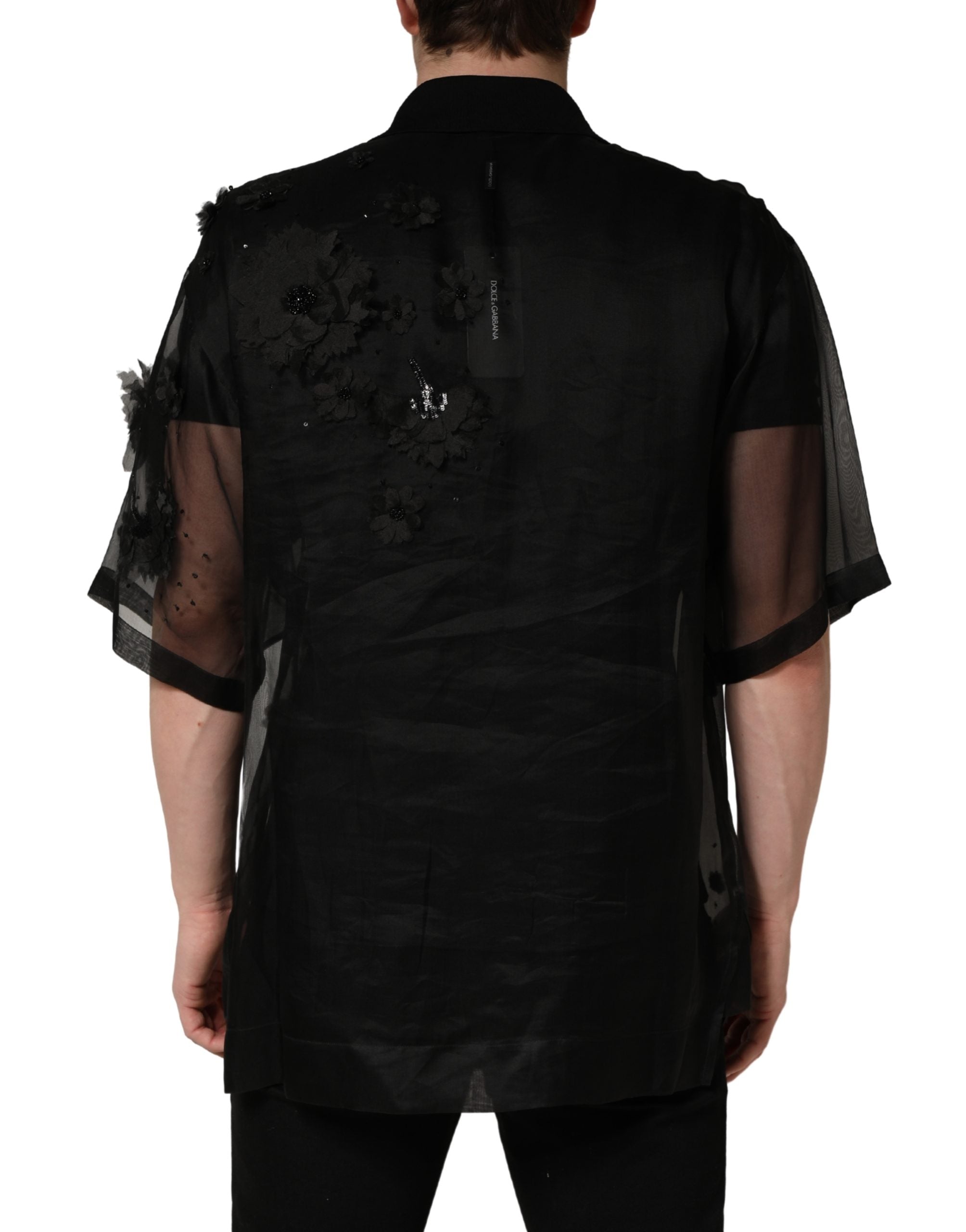 Black Floral Applique Sheer Short Sleeve Shirt
