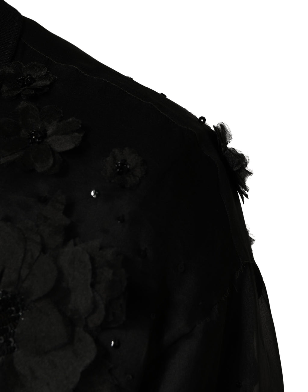 Black Floral Applique Sheer Short Sleeve Shirt