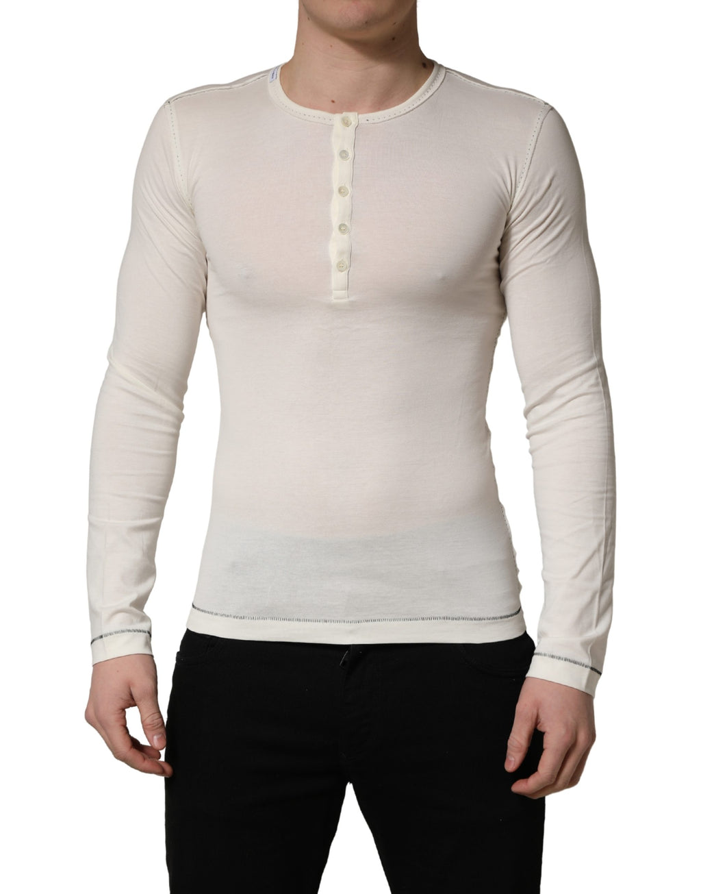 White Long Sleeves Henley Pullover Sweater