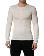 White Long Sleeves Henley Pullover Sweater