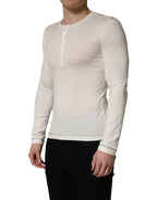 White Long Sleeves Henley Pullover Sweater
