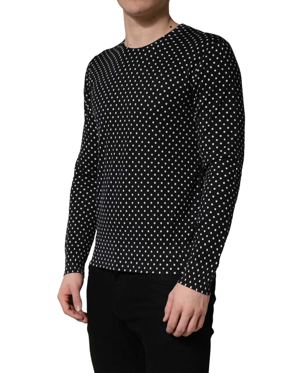 Black Polka Dot Crew Neck Pullover Sweater