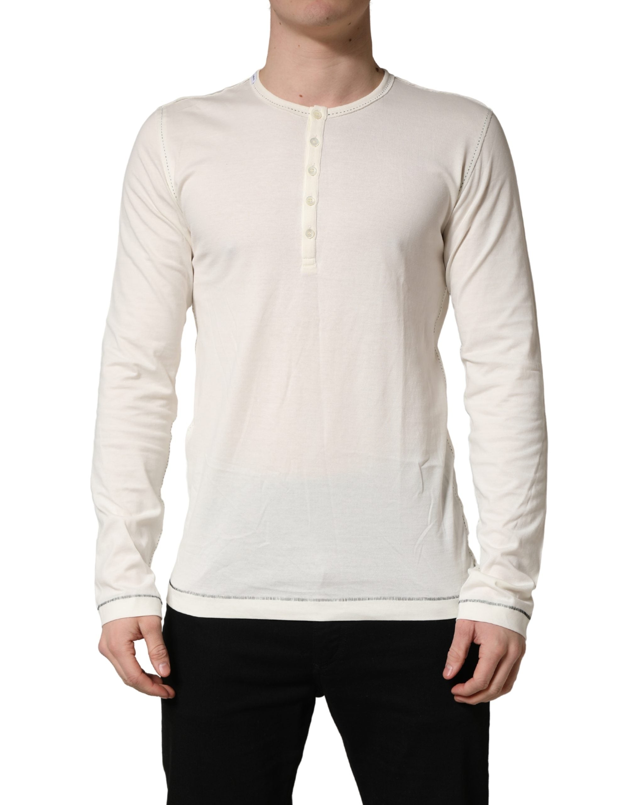 White Long Sleeves Henley Pullover Sweater