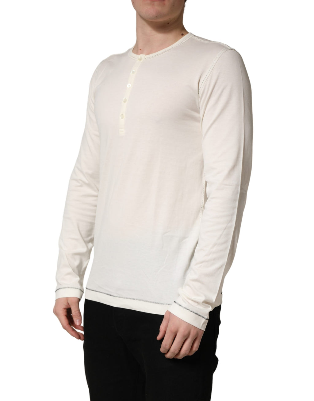 White Long Sleeves Henley Pullover Sweater