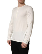 White Long Sleeves Henley Pullover Sweater