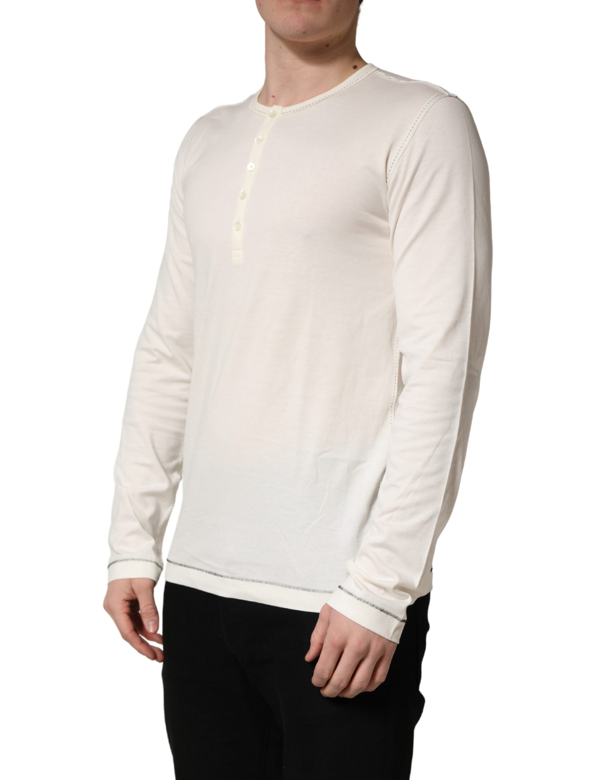White Long Sleeves Henley Pullover Sweater