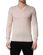 Beige Cashmere V-neck Men Pullover Sweater