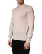 Beige Cashmere V-neck Men Pullover Sweater