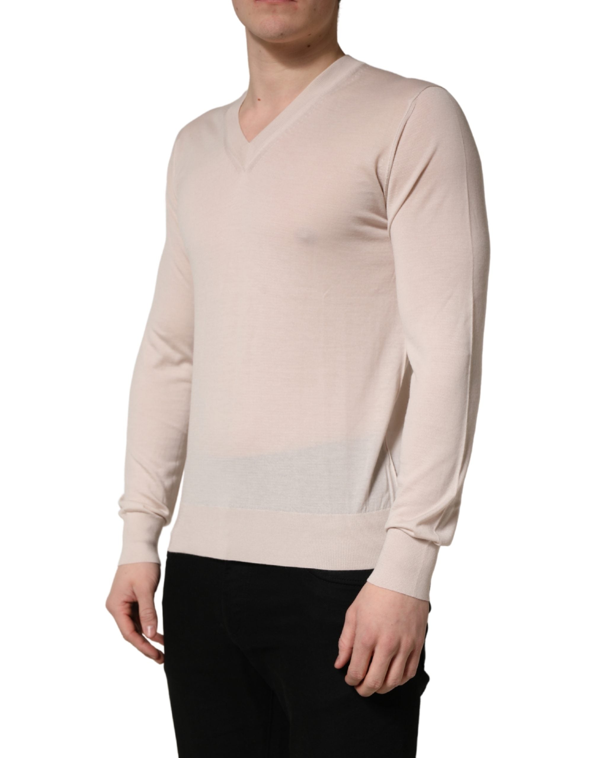 Beige Cashmere V-neck Men Pullover Sweater