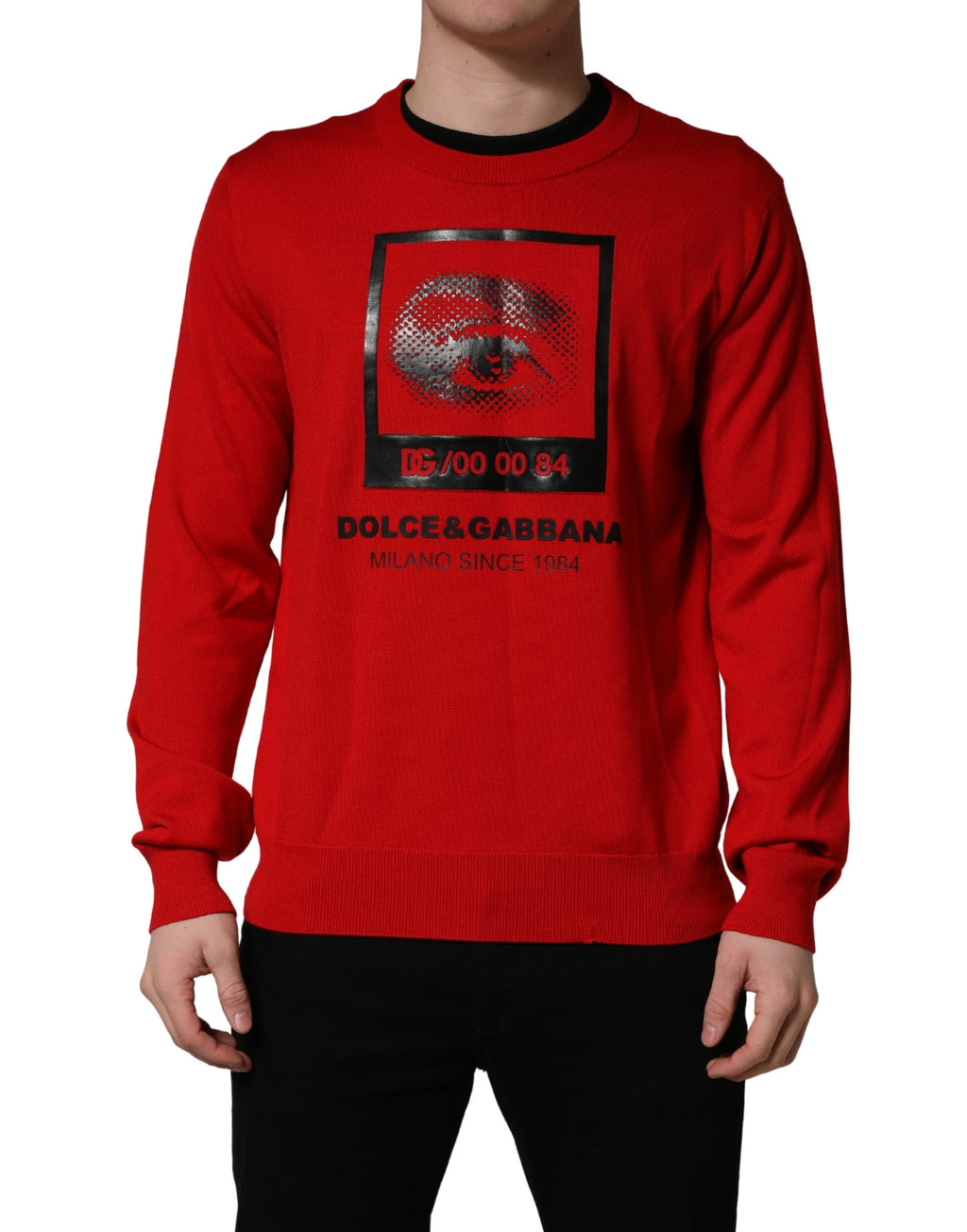 Red Eye Print Crew Neck Pullover Sweater