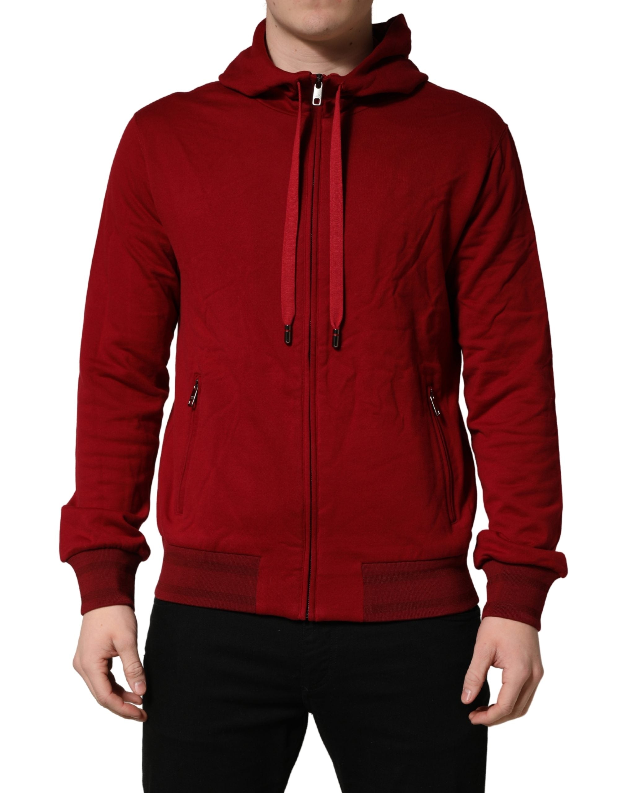 Red Cotton Full Zip Fleece Men Hoodie Sweater