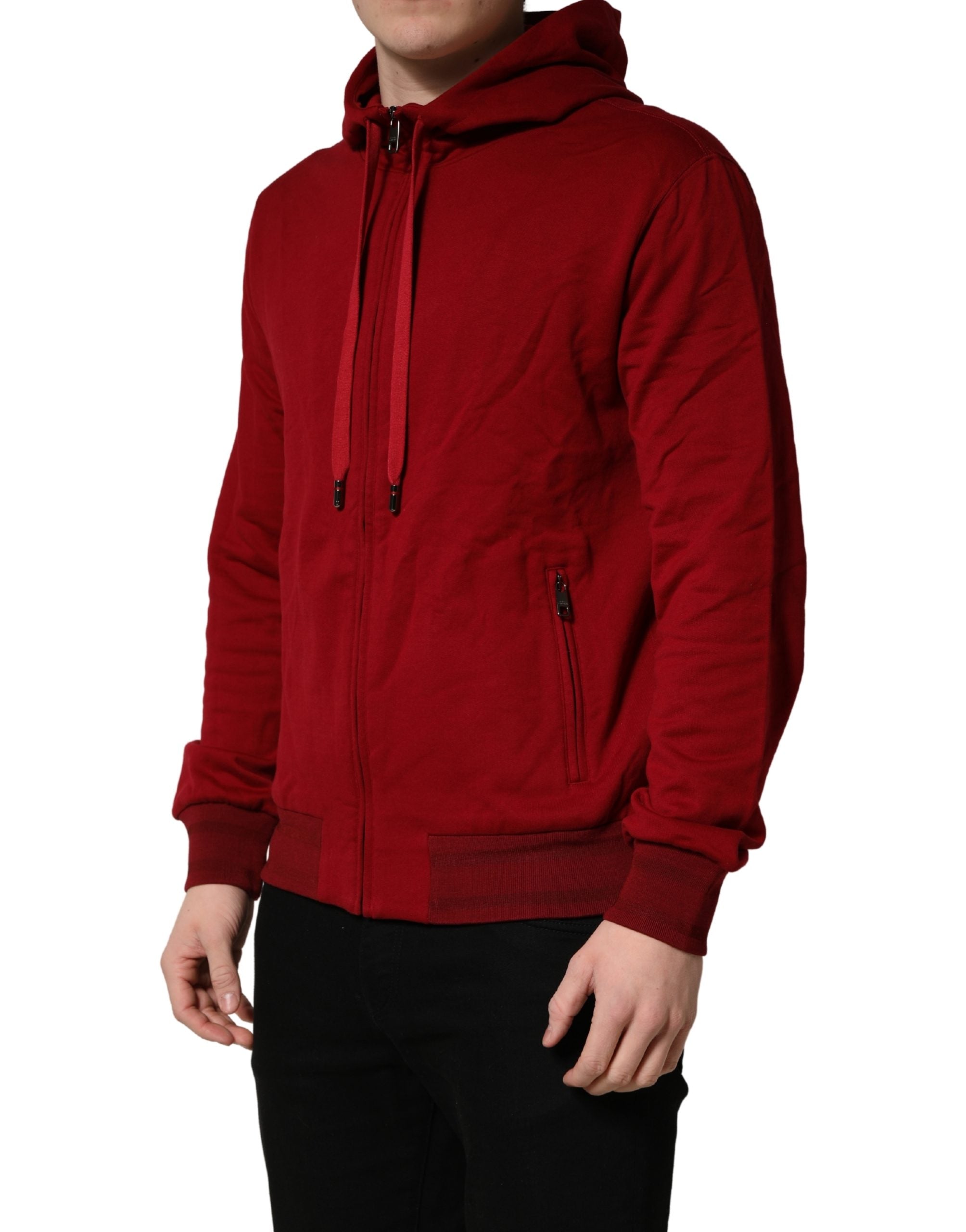 Red Cotton Full Zip Fleece Men Hoodie Sweater