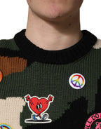 Multicolor Intarsia Knit Camouflage Pullover Sweater