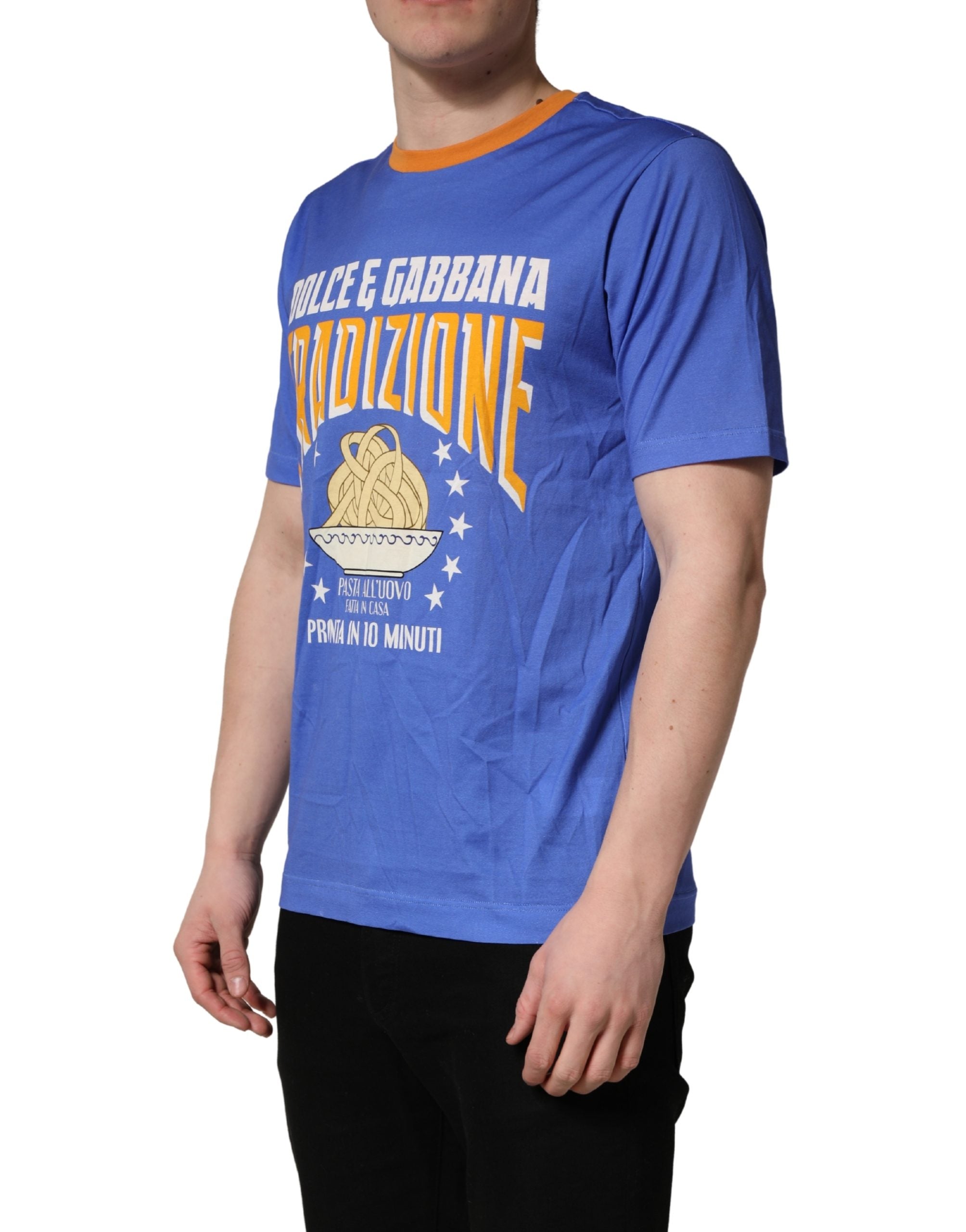 Blue Pasta Graphic Print Cotton Men Crewneck T-shirt