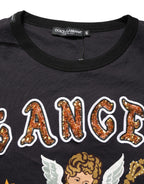 Black Angel Print Cotton Crew Neck T-shirt