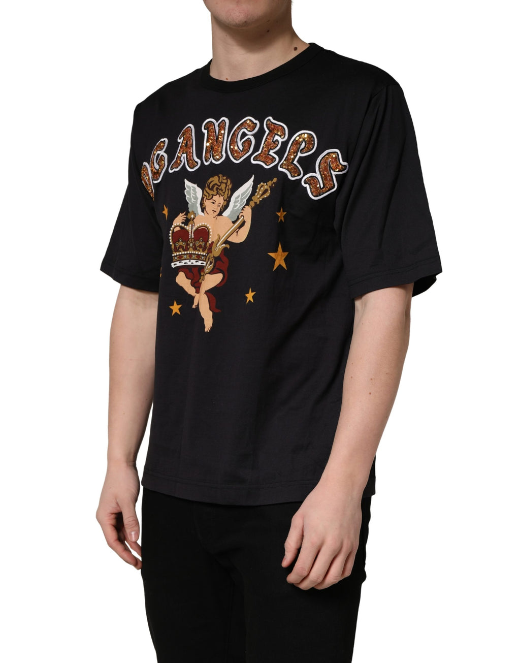 Black Angel Print Cotton Crew Neck T-shirt