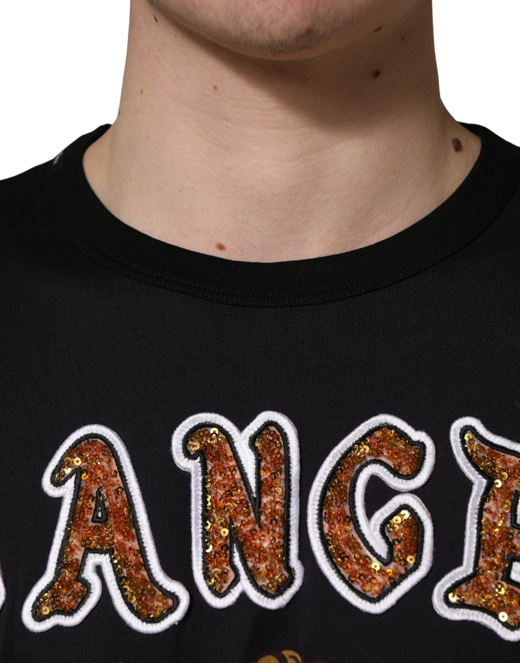 Black Angel Print Cotton Crew Neck T-shirt