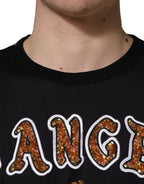 Black Angel Print Cotton Crew Neck T-shirt