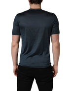 Dark Blue Silk Crew Neck Short Sleeve T-shirt