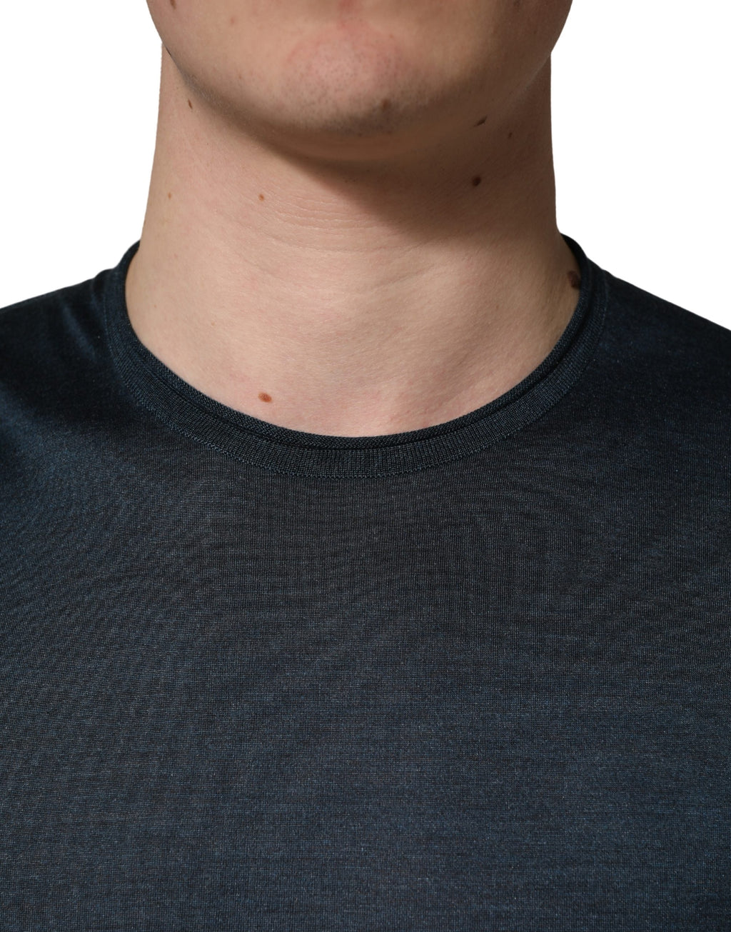 Dark Blue Silk Crew Neck Short Sleeve T-shirt