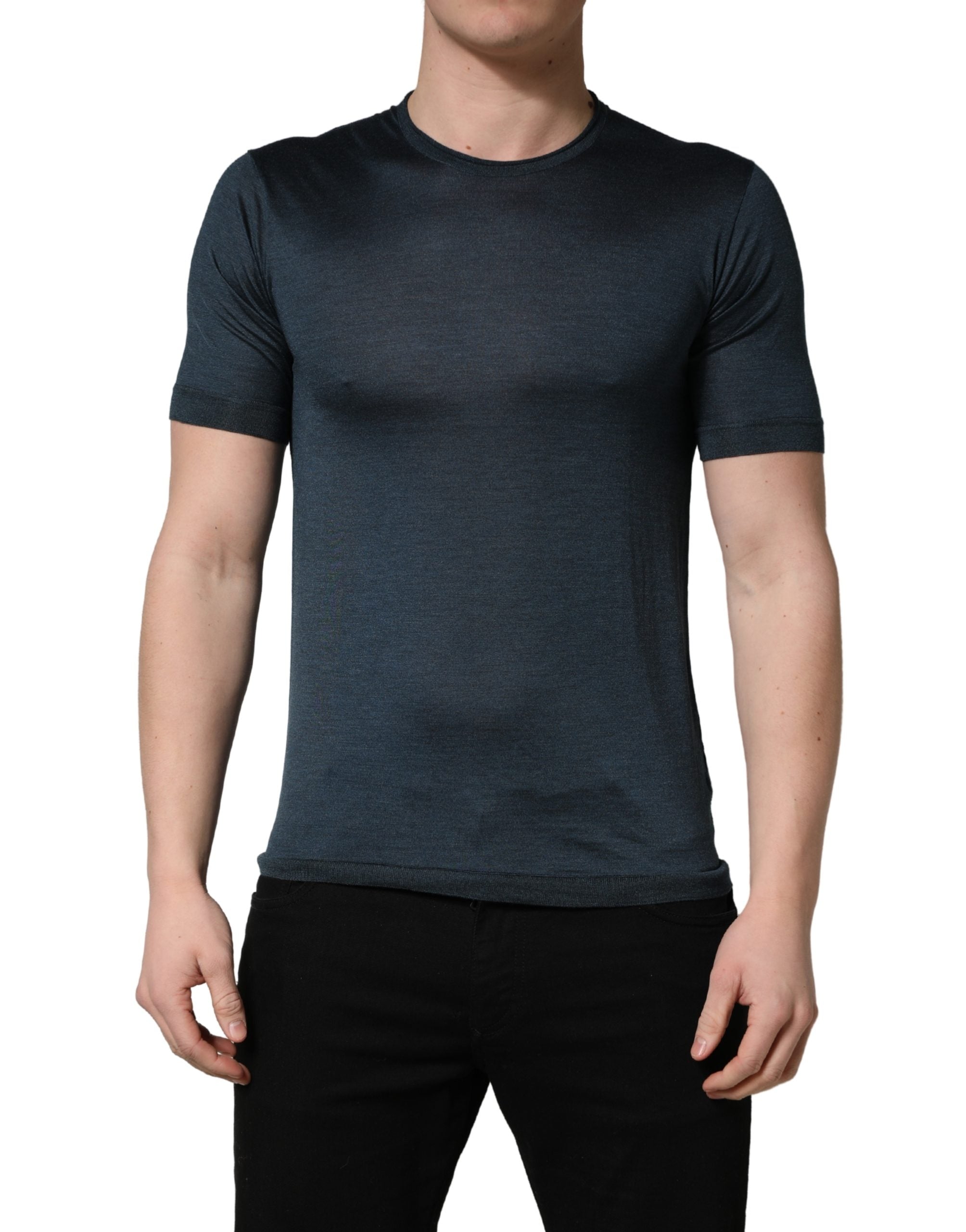 Dark Blue Silk Crew Neck Short Sleeve T-shirt