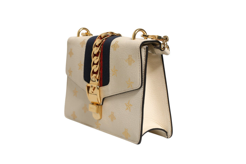 Cream Leather with a Bee and Star Print Leather Sylvie Crossbody Bag