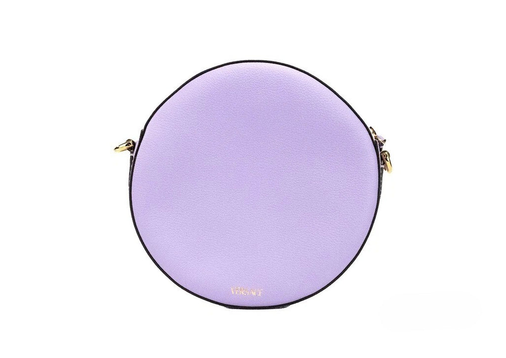 Versace Round Disco Lilac Pebbled Leather Camera Case Crossbody Bag Purse