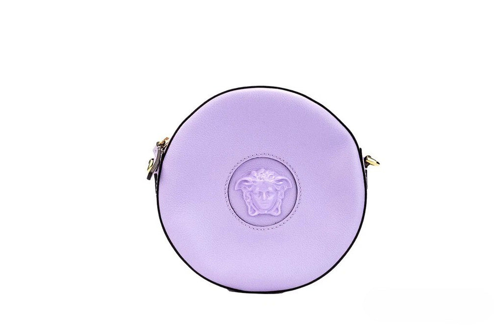 Versace Round Disco Lilac Pebbled Leather Camera Case Crossbody Bag Purse
