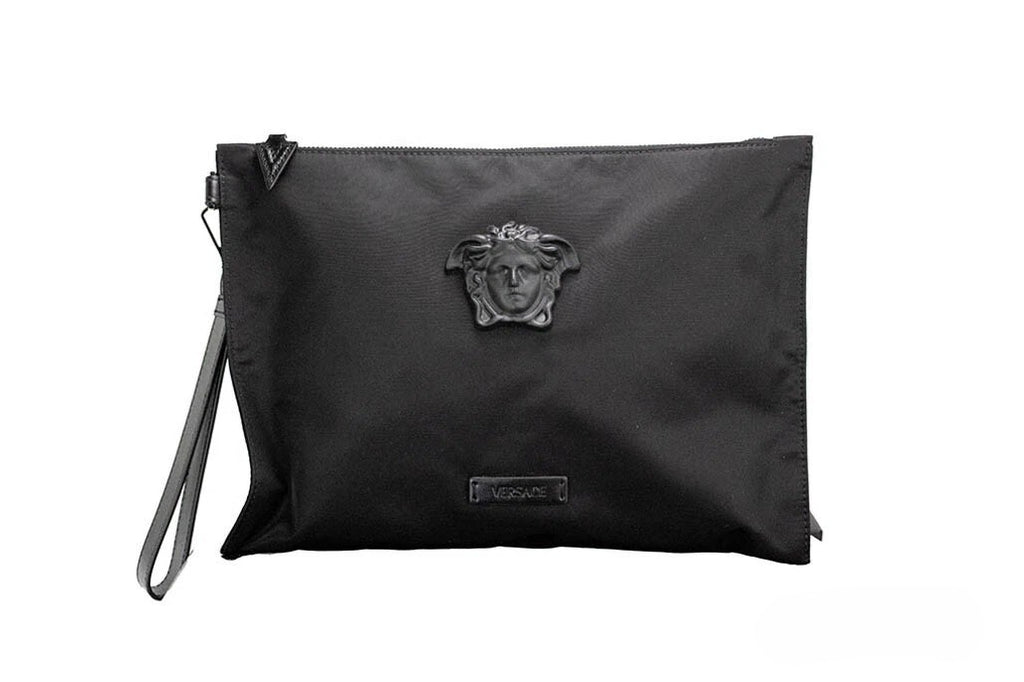 Versace Large Black Nylon Fabric Medusa Convertible Pouch Clutch Wristlet Bag