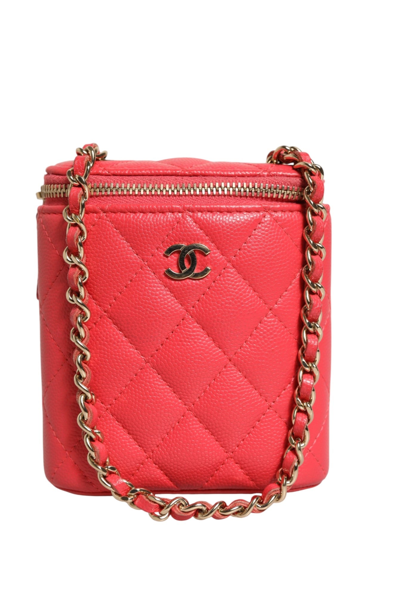Red Caviar Quilted Small Vertical Coco Beauty Vanity Case with Chain