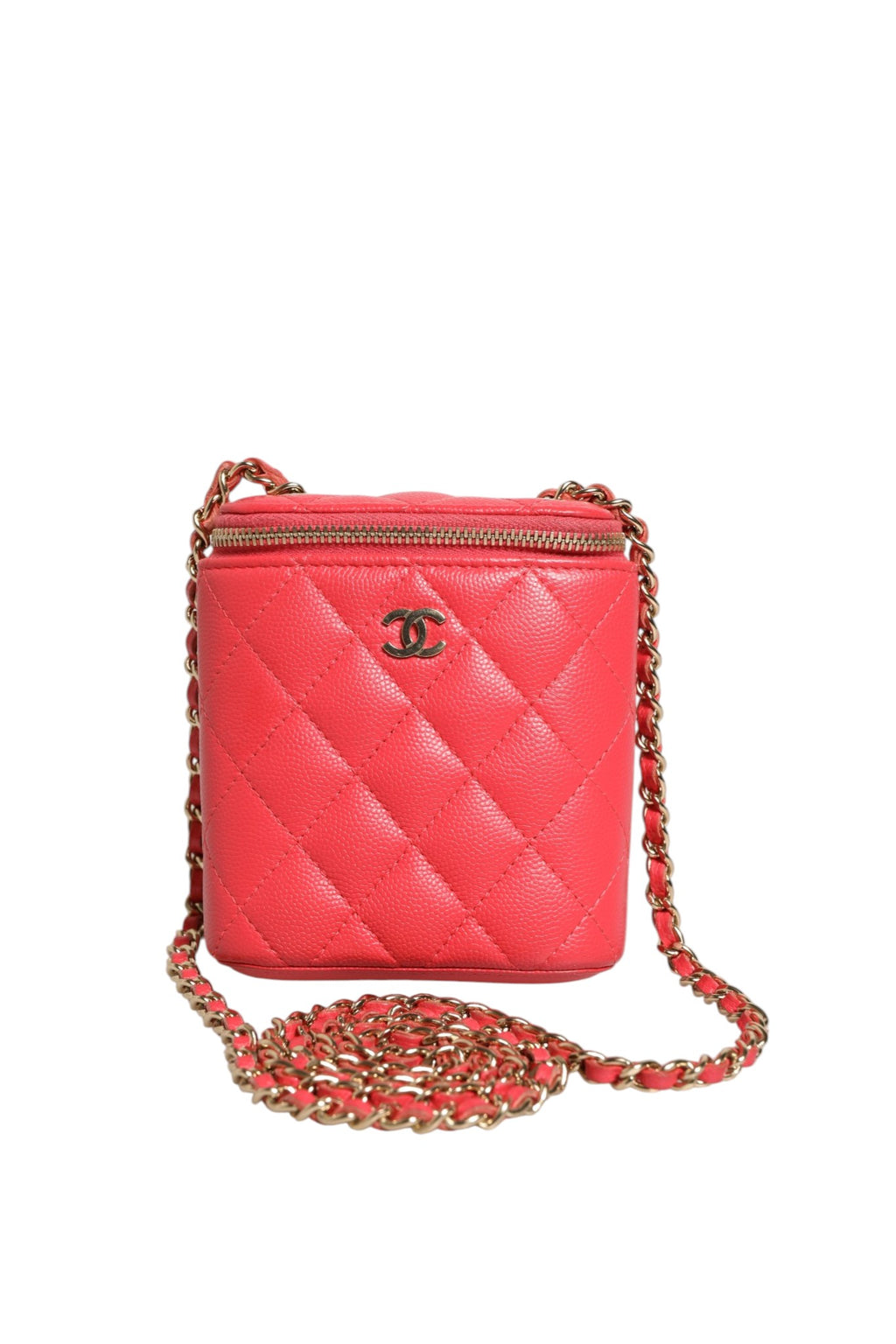 Red Caviar Quilted Small Vertical Coco Beauty Vanity Case with Chain