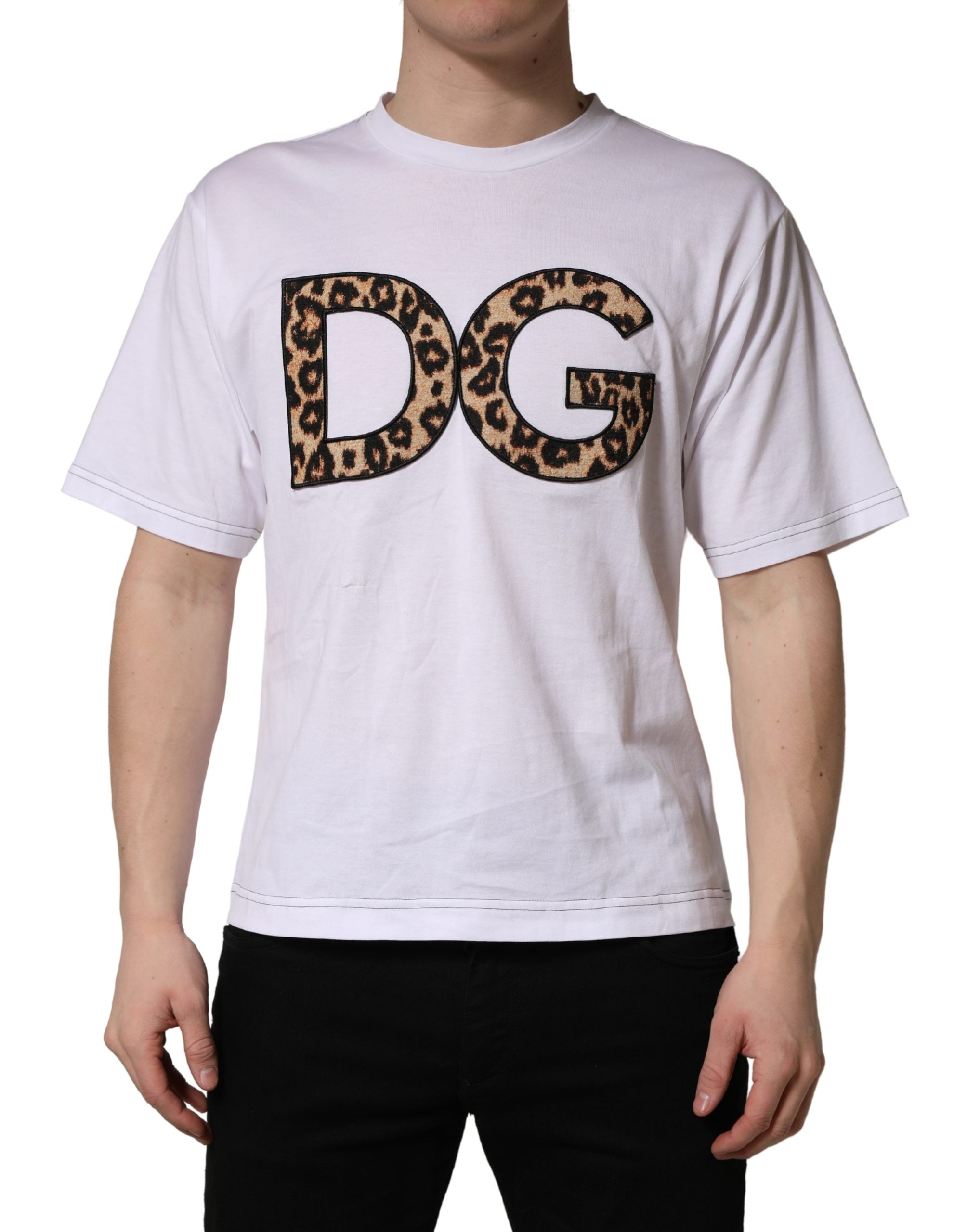 White Leopard Print DG Logo MenCotton T-shirt