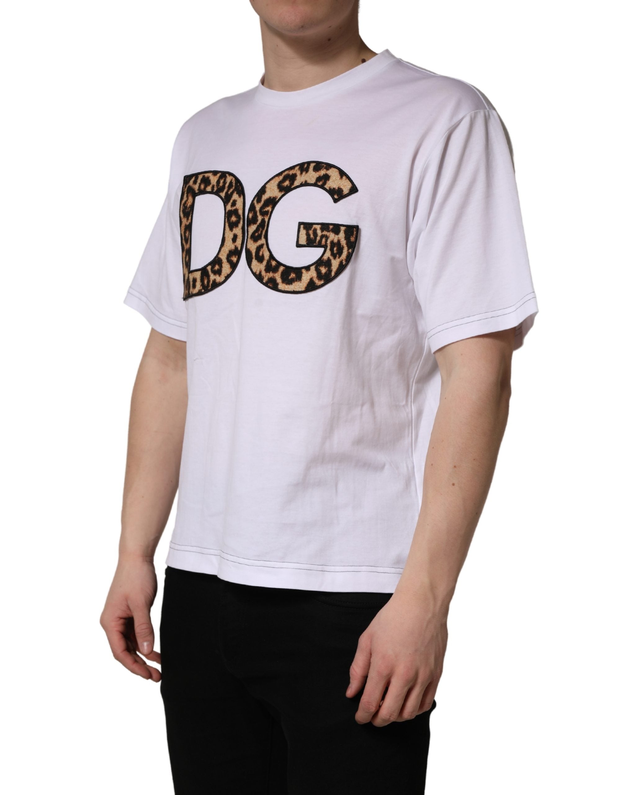 White Leopard Print DG Logo MenCotton T-shirt