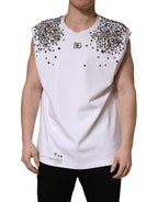 White Rhinestones Sleeveless Round Neck T-shirt