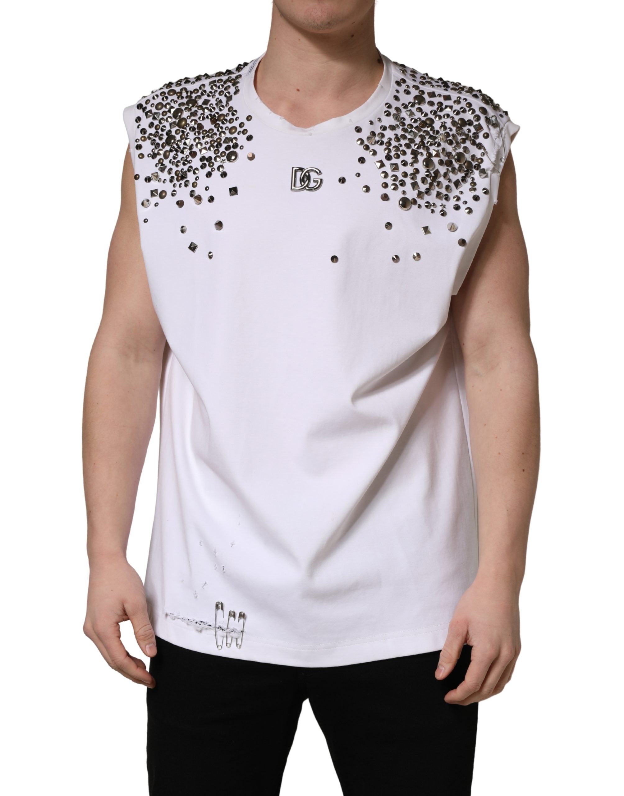 White Rhinestones Sleeveless Round Neck T-shirt