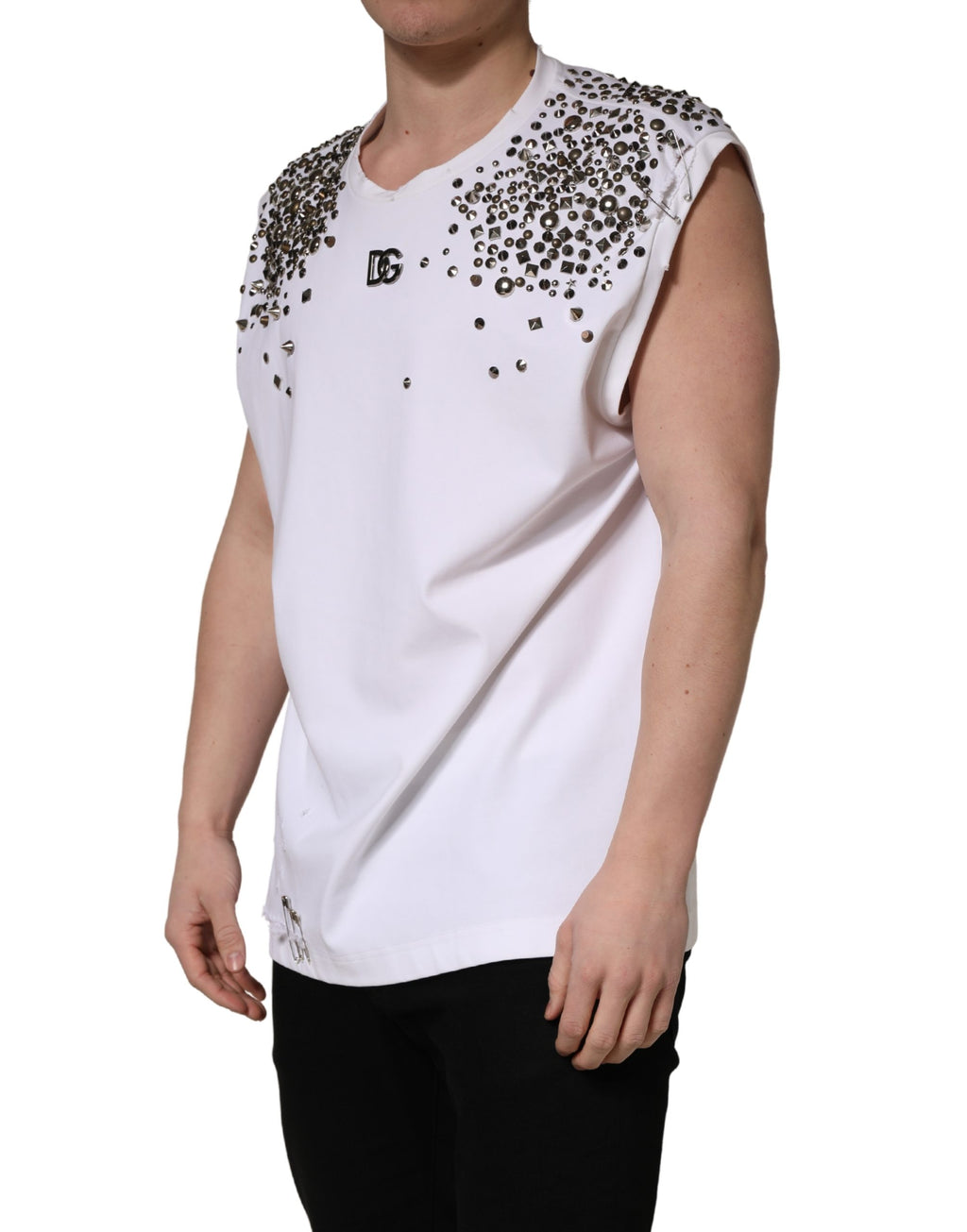 White Rhinestones Sleeveless Round Neck T-shirt