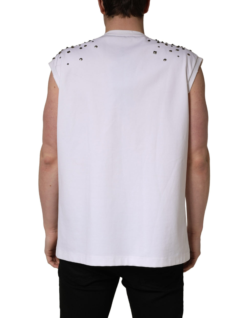 White Rhinestones Sleeveless Round Neck T-shirt