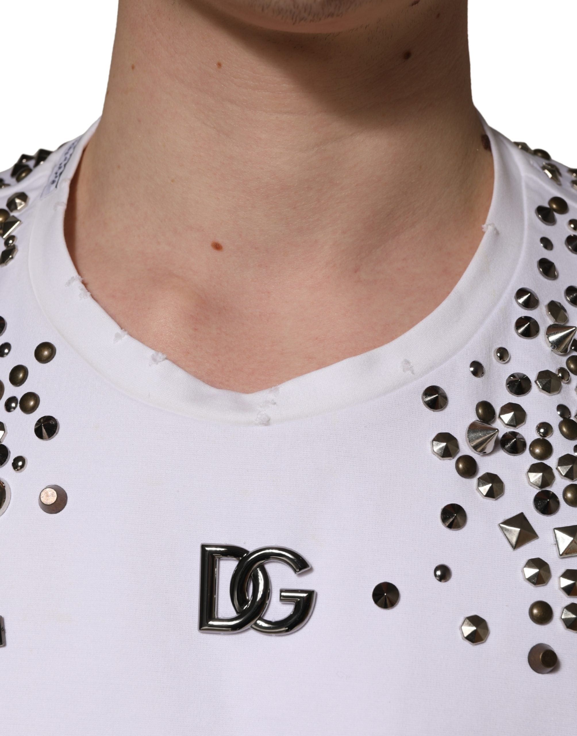 White Rhinestones Sleeveless Round Neck T-shirt